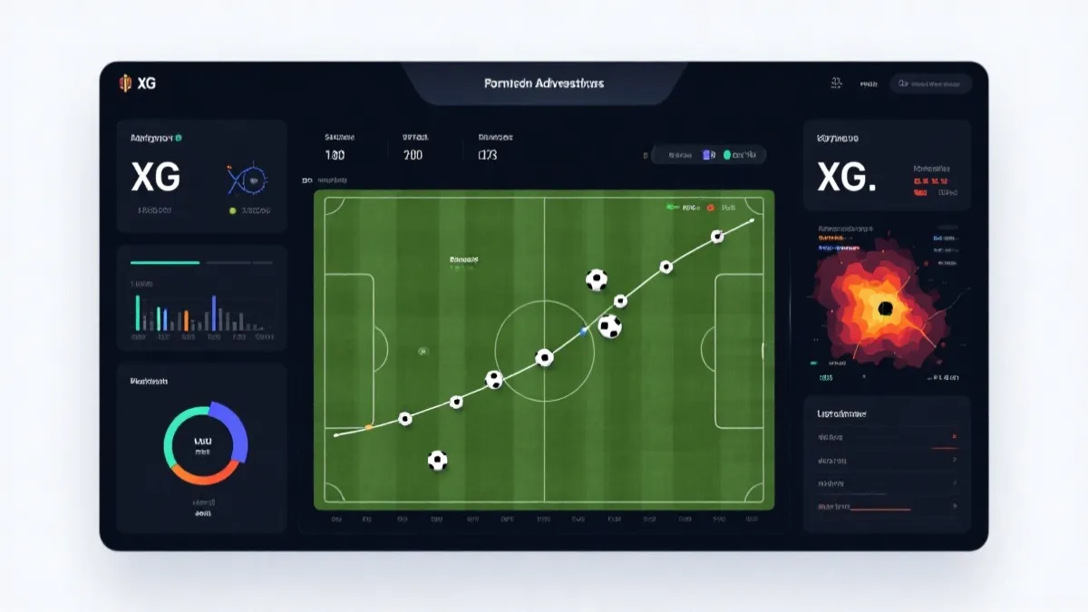 数据分析仪表盘风格的足球比赛统计画面，展示xG曲线、控球热区与防守拦截分布